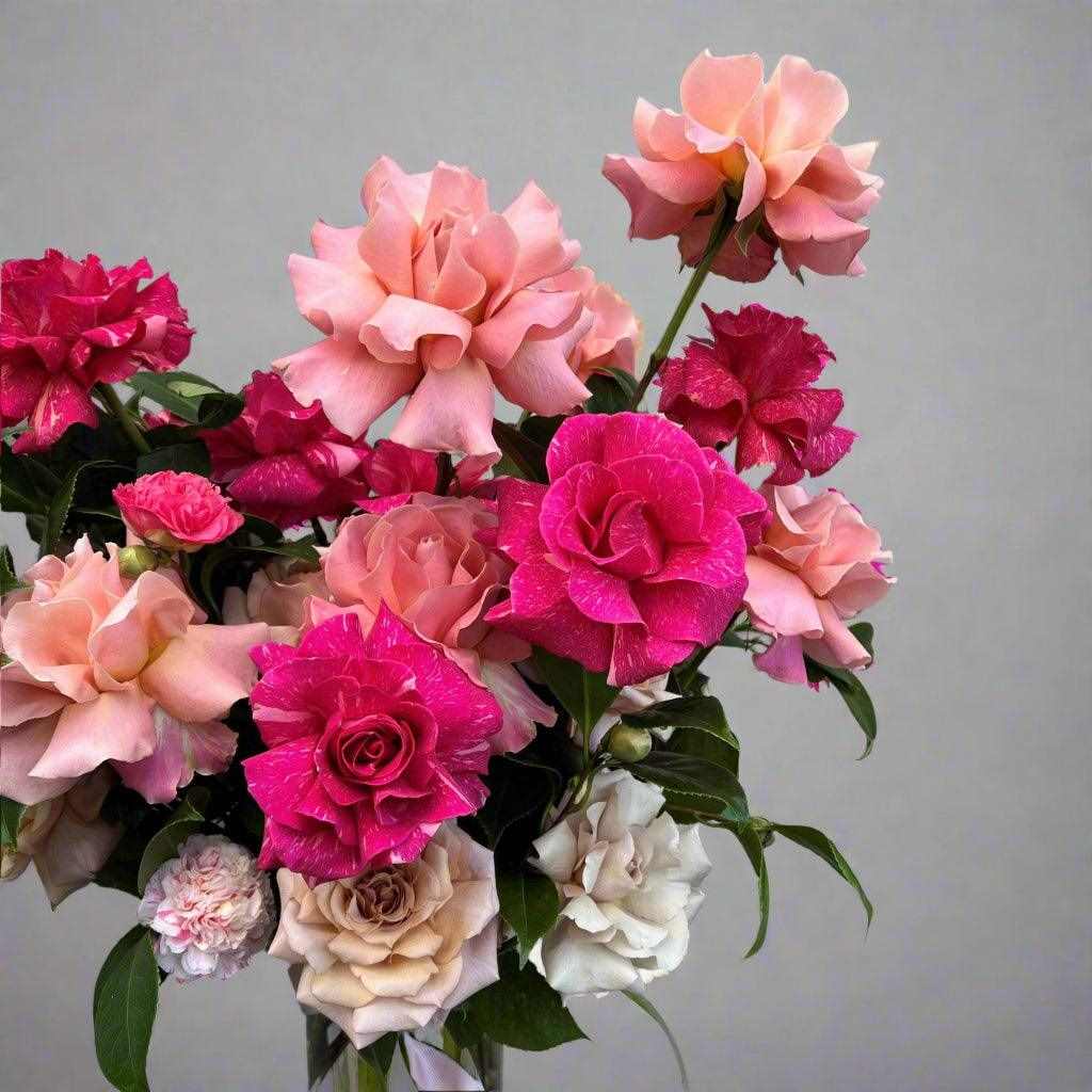 bright pink and red rose bouquet in a vase