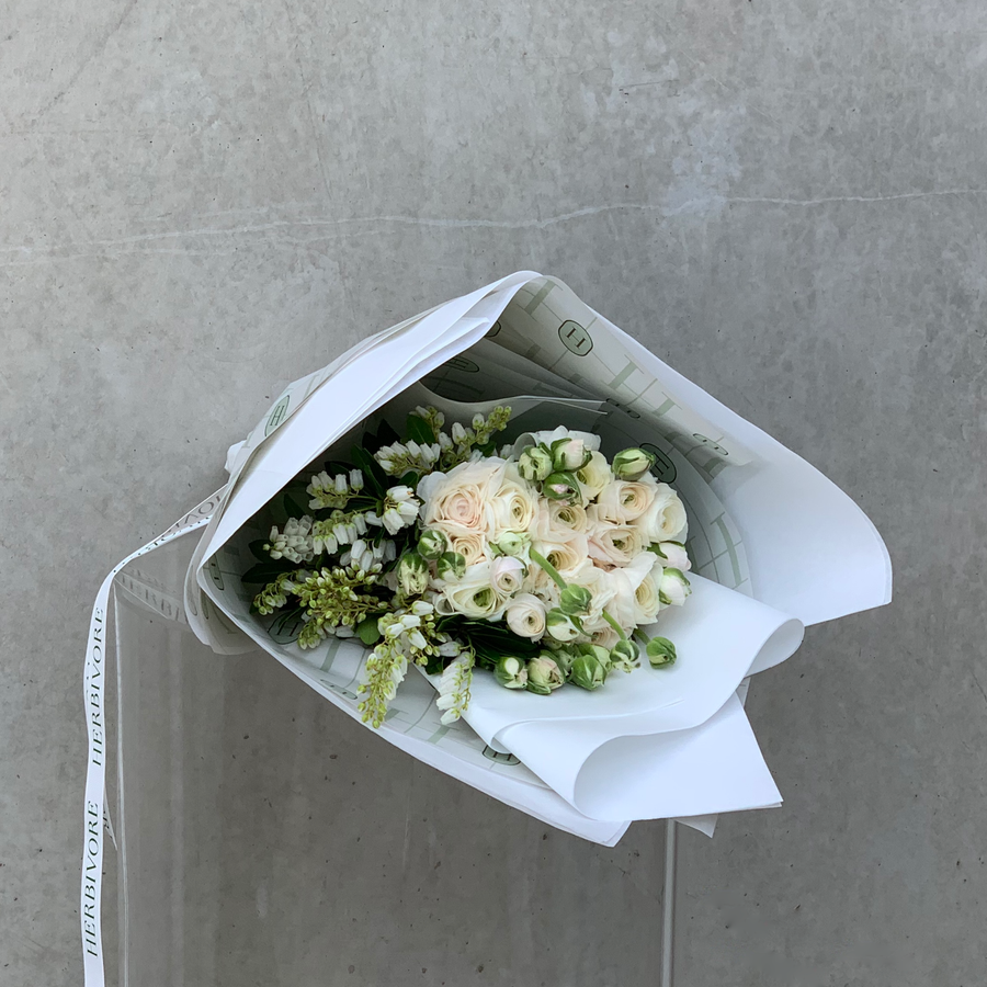 White ranunculus posy gift wrapped